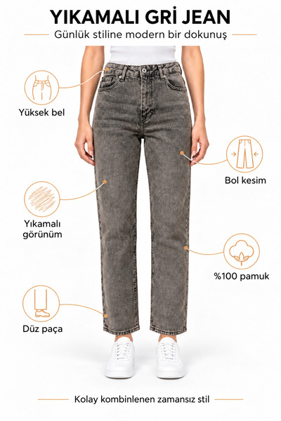 Kadın Yüksek Bel Gri Yıkamalı Straight Fit Jean Kot Pantolon