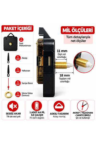 Genel Markalar Sessiz Akar Askılı Duvar Saati Mekanizması – Akrep, Yelkovan v...