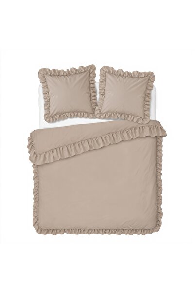 Detexpol Lenjerie de pat 220x200 din microfibră satinată cu volan, bej uni