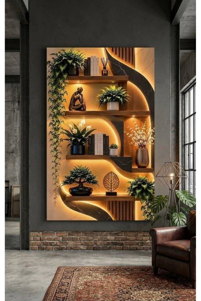 zeyrada Premium Özel Tasarım Modern 3D Efektli Işıklı Raflı, Kitaplıklı ve Bi...