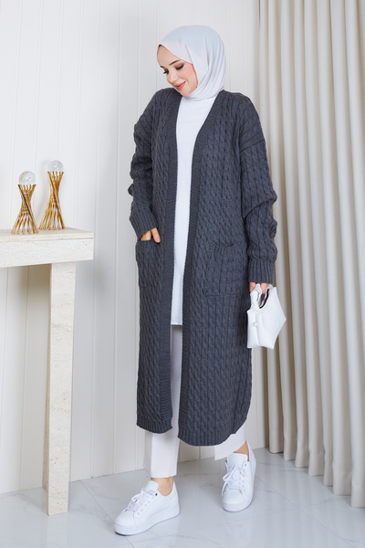 Pamuk Butik Women's Casual Knitwear Cardigan with Braided Pockets