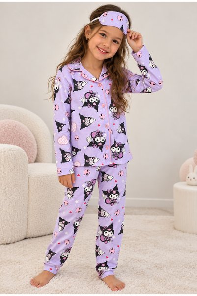 pebby Kuromi Patterned Lilac Long Sleeve Buttoned Front Girls' Pajama Set 4-1...