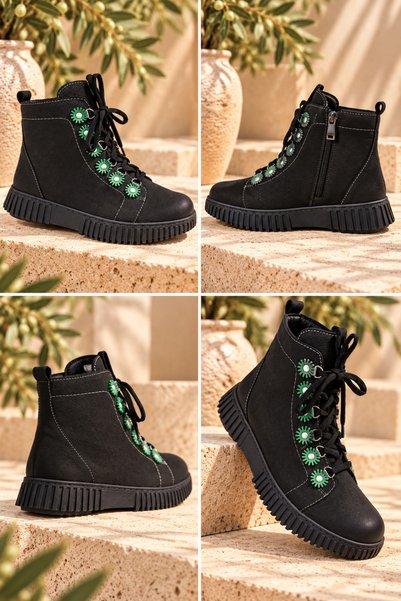 İNZE AYAKKABI Genuine Leather Women's Lace-Up Thick Sole Casual Boots Model Name: Vesta