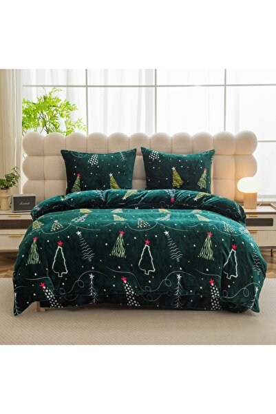 Cotton World Lenjerie de pat de Crăciun 220x200 Pluș verde cu brazi de Crăciun