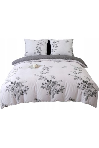 Cotton World Lenjerie de pat din satin 200x200cm Flori Negru grafit Alb
