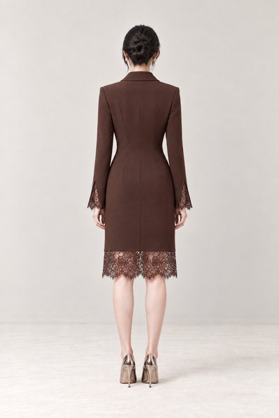 2TRENDY Women's Brown Long Double Breasted Lace Trim Sleeve Cutout Blazer