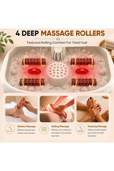 Sumkyle Collapsible Foot Massager with Heat, Warm Light - Feet Soaking Tub for Relaxation, Daily Comfort - Pedicure Foot Spa Bath with Invigorating Bubble, 4 Massage Rollers, Temperature Control, Grey