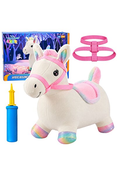 LeanToys LEAN Toy 60cm Cal gonflabil alb de pluș pentru copii, cal săritor.