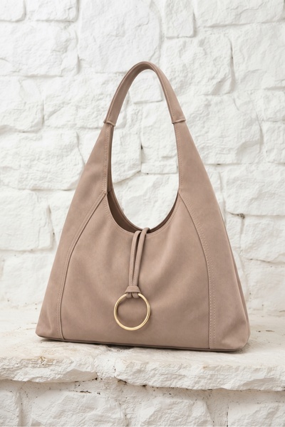 Gogoey Suede Casual Model Ring Charm Zippered Women's Shoulder Bag Beige