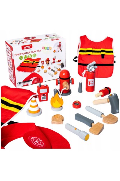 LeanToys Set de pompier mic, Accesorii costum pompier, Lemn, 14 El LEAN Toys