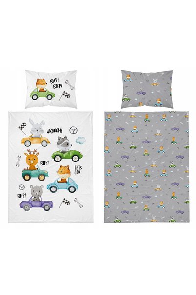 Detexpol Set pătuț 90x120 Cuvertură + Lenjerie de pat cu animale auto și fore...