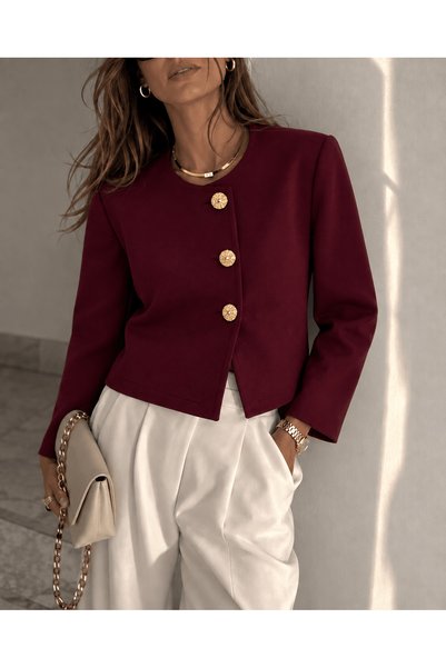 Hepsi Moda سترة مزينة بأزرار ذهبية - أحمر كلاريت