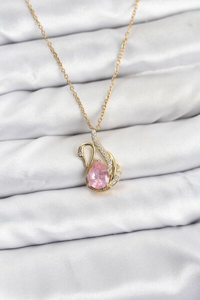 Toptan Bulurum 316L Steel Chain Gold Color Pink Swan Model Zircon Stone Women...