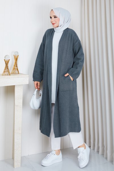 Pamuk Butik Women's Soft Textured Shawl Collar Pocketed Knitwear Cardigan