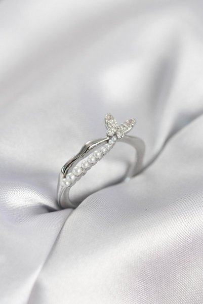 Toptan Bulurum Silver Color Tailed Butterfly Model Pearl Women's Ring