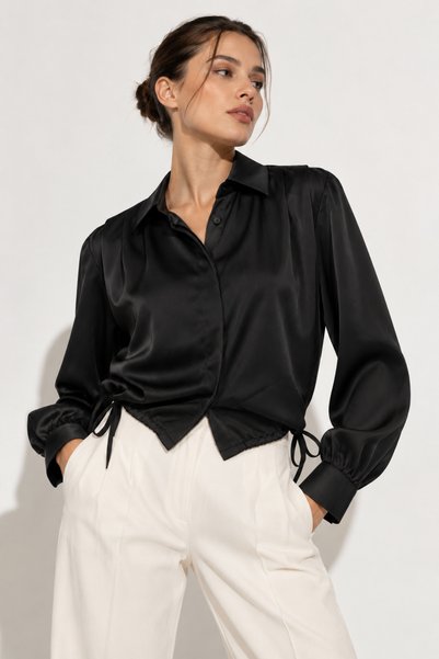 DI LORIA Women's Black 100% Satin Shiny Textured Long Sleeve Shirt with Gathered Tie Detail