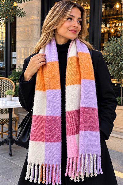 Alışveriş Kasabası Colorful Macaroni Square Patterned Tassel Scarf - 3