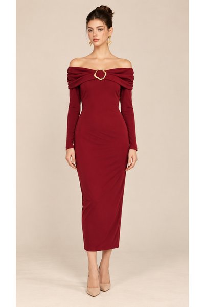 2TRENDY Women's Red Midi Length Slim Fit Off Shoulder Gold Buckle Long Sleeve...