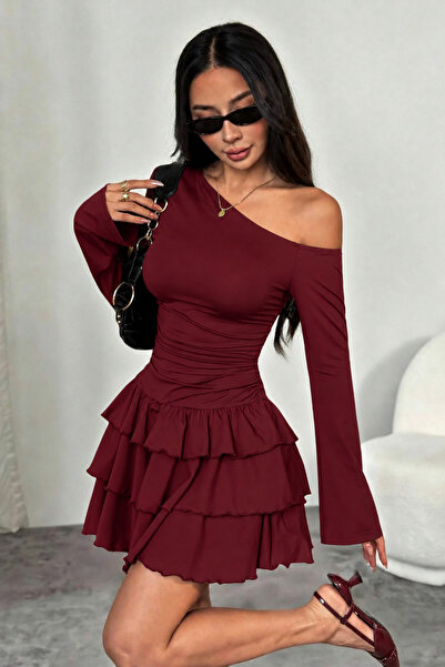 JE-TU One-Shoulder Draped Flounce Mini Dress Jt9270