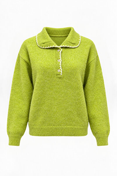 Bipantolon Pulover de damă verde cu broderie și detalii cu nasturi, cu guler ...