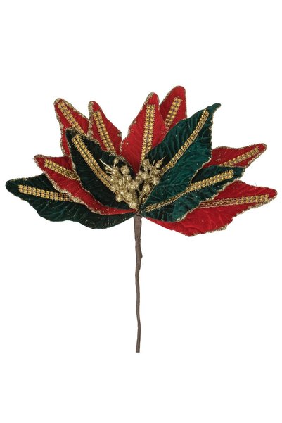 DD SHOP Floare Decorativa de Craciun Rosie Verde Catifelata cu Glitter Auriu ...