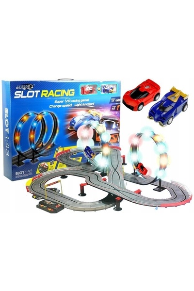 LeanToys Pistă de curse cu 2 mașini slot, scară 1:43, cu lumini, LEAN Toys