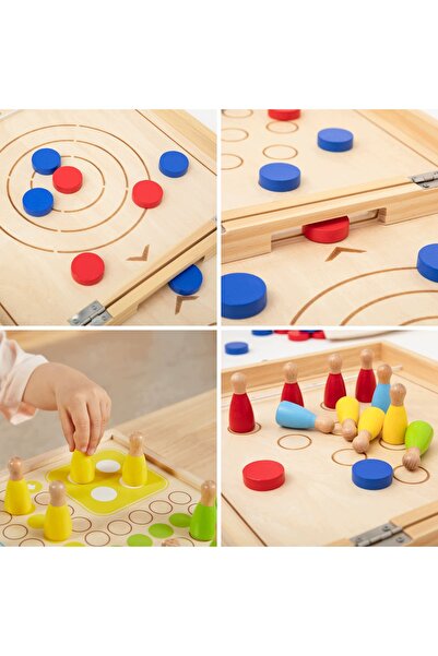 Viga Masă de joc din lemn 4-în-1: Hochei, Curling, Bowling, Ludo, Vrig