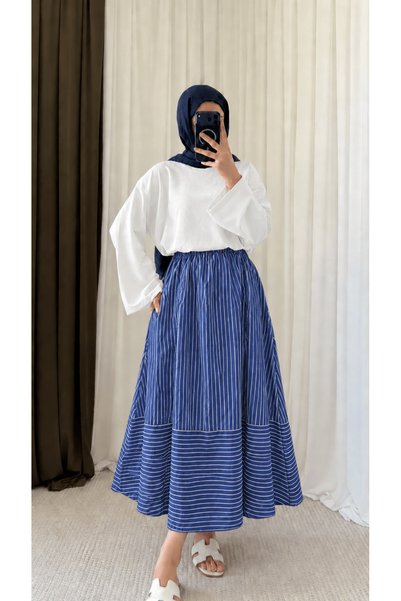 Hepsi Moda Thick Striped Skirt with Pockets Hpm - Saks Blue