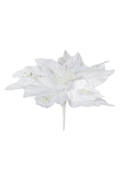 DD SHOP Floare Decorativa de Craciun Alba Catifelata cu Glitter Paiete 26cm