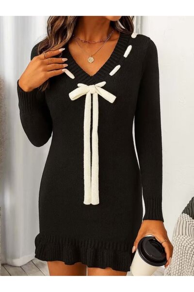 pazarella Women's long sleeve v-neck lace-up collar short knit dress