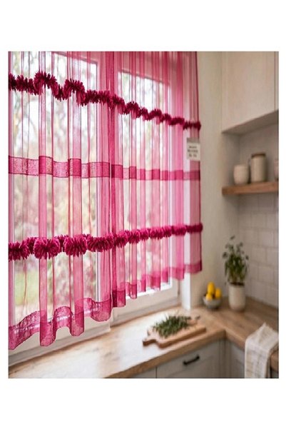 ELİF NAZLI PERDE FUŞYA RENKLİ ORGANİZE PELUŞ ŞERİTLİ TÜL PERDE-1/2 (seyrek) PİLE