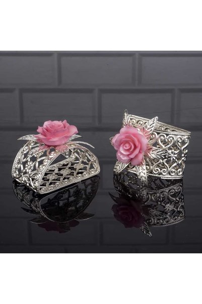 FAIR HOME Napkin Ring Metal Silver with Pink Roses, Set of 2