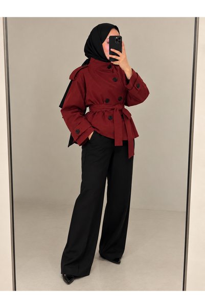 BNGL Boutique Trenci cu guler înalt și curea, culoare burgundy