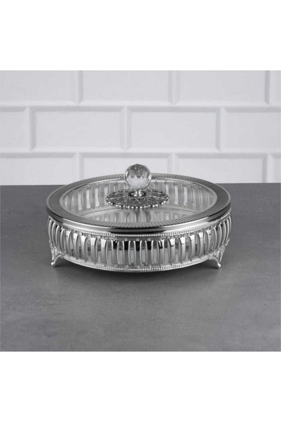 FAIR HOME Lokumluk Çerezlik Sunumluk Orta Boy Cam Kapaklı Metal Gümüş – Hürre...