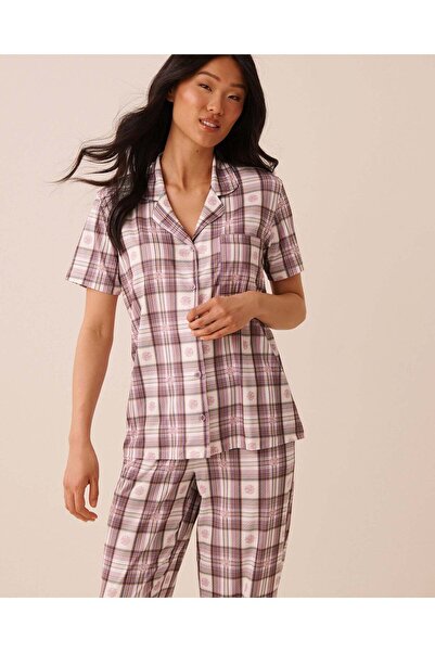 La Vie en Rose Floral Plaid Print Super Soft Short Sleeve Button-down Shirt