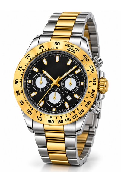 Romingo Men's Wristwatch Black Dial Gold Silver Color Stainless Steel Band Ro...