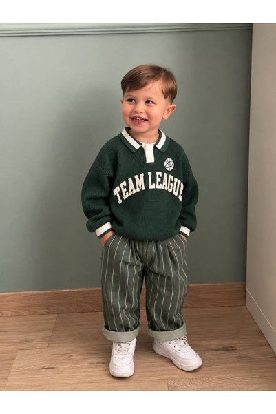 KIDSS HERE Polo Yaka Triko Üst ve Çizgili Gabardin Pantolon Erkek Çocuk Takımı