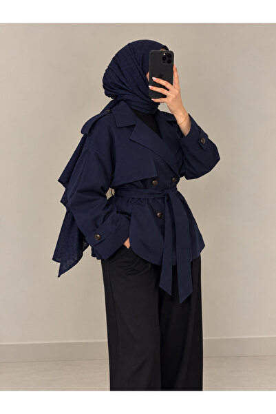 BNGL Boutique Trenci cu decolteu în V și curea, culoare bleumarin