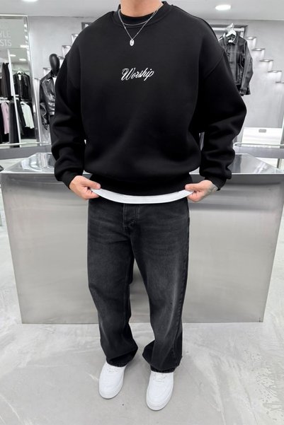 HAFKAGİYİM Siyah Workship Baskılı Boxy Fit Sweatshirt