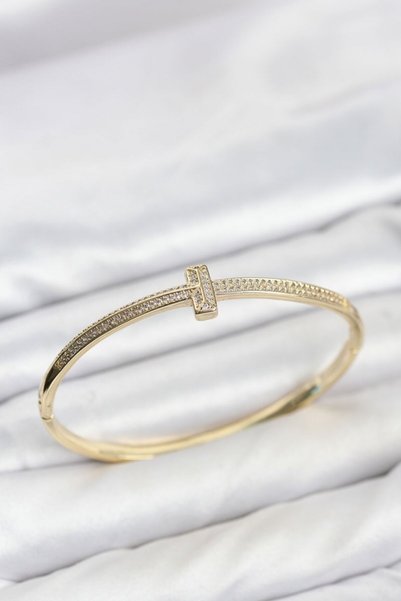 Toptan Bulurum Gold Color t Model Zircon Stone Women's Cuff Bracelet