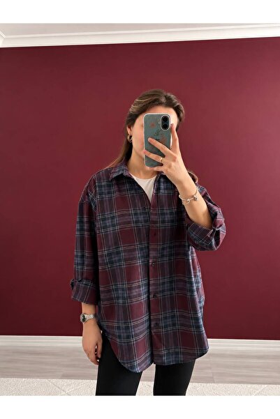 Bordo Lacivert Ekose Desenli Oversize Salaş Kesim Uzun Kollu Gömlek