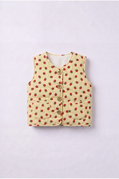 Magu Children's Strawberry Patterned Yellow Striped Quilted Vest