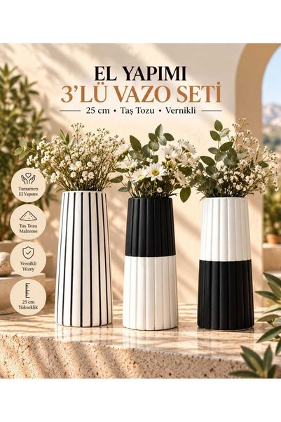Genel Markalar Vazo Set 3'lü Takım Tamamen El Yapımı Taş Tozu 25 cm Yükseklik