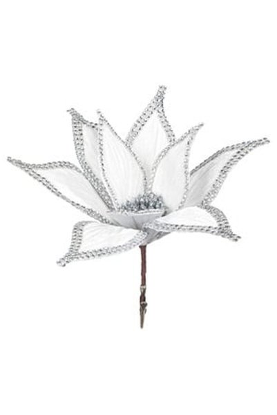 OEM Floare Decorativa de Craciun Catifelata Alba cu Strass Argintiu & Clips 24cm