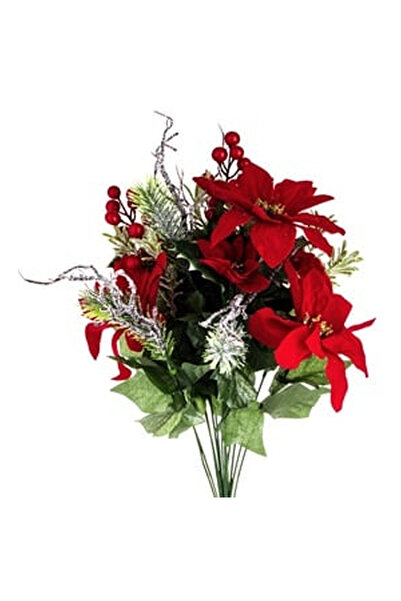 OEM Buchet Decorativ de Craciun Flori Rosii cu Ramuri Verzi Maro Ninse 53cm