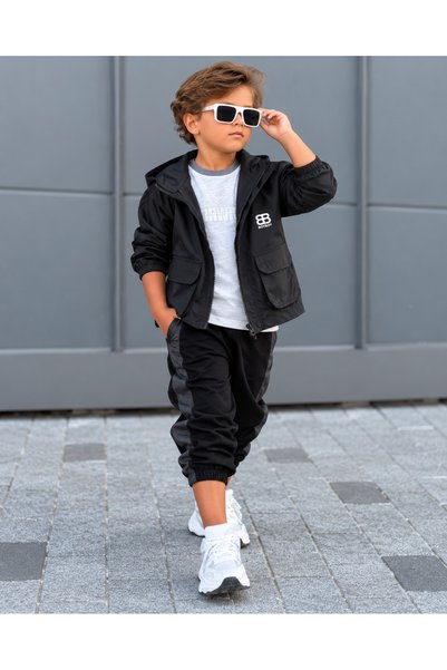 KOKOŞ BEBEK Boy's Hooded Parachute 3-Piece Set Jacket T-Shirt Sweatpants - Ag...