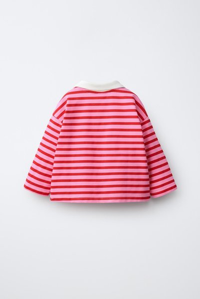 Magu Girl's Cotton Polo Collar Pink Striped Sweatshirt