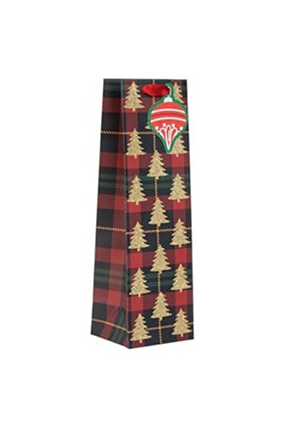 OEM Red Christmas Gift Bag in Checkered Fir with Beige Glitter for Bottles 11...