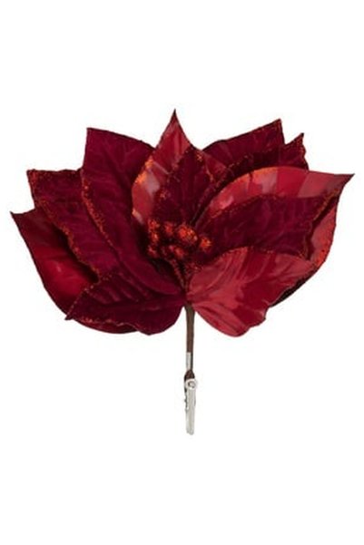 OEM Floare Decorativa Craciunita cu Clips Catifelata Rosie Glitter 24cm