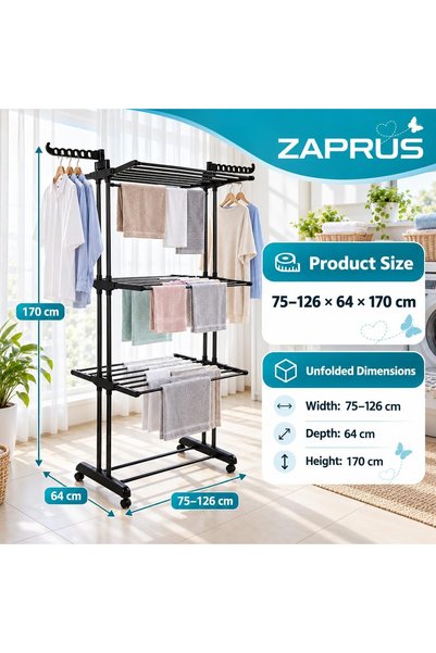 Zaprus رف تجفيف ملابس متين بعجلات - حامل غسيل من الحديد بثلاث طبقات (72×64×170 سم) |   قابل للطي وموفر للمساحة |   يتضمن 4 شماعات ذكية قابلة للطي |   اللون الأسود